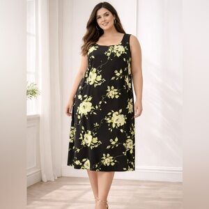 Dress Barn Floral Midi Dress Womens Size 16 W Black Green Cocktail Party